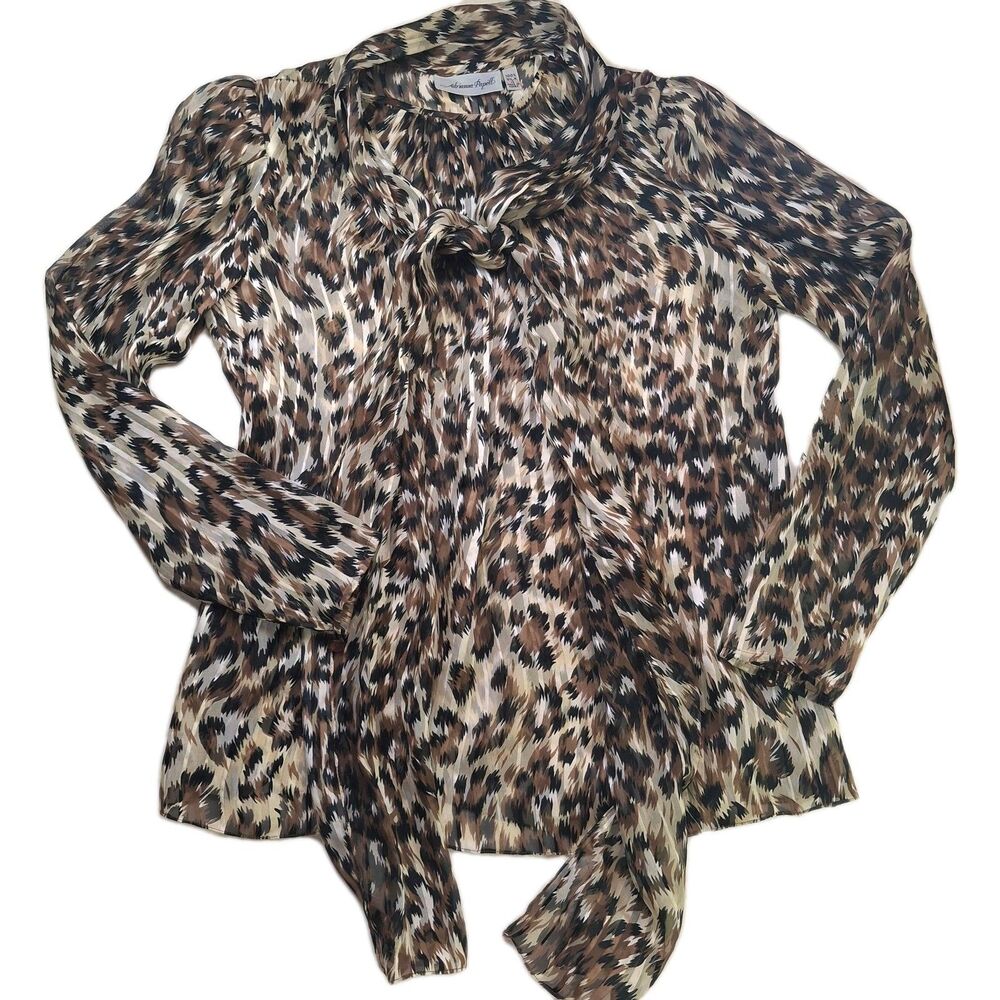 Adrianna Papell Vintage Sz 4/XS 100% Silk Tie Neck Sheer Blouse Animal Print